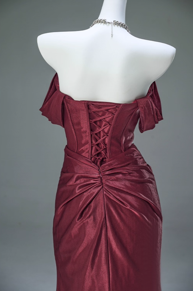 Simple Sheath Off-Shoulder Evening Gowns Glam High-Slit Ruched Red Prom Dress AP3911