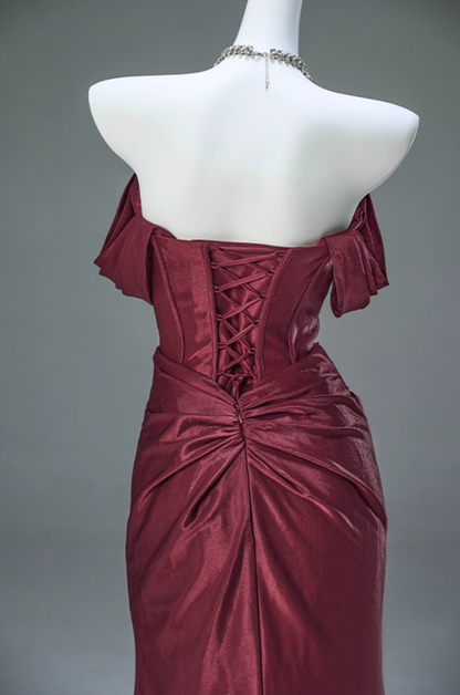 Simple Sheath Off-Shoulder Evening Gowns Glam High-Slit Ruched Red Prom Dress AP3911