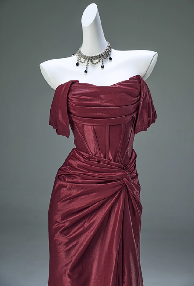 Simple Sheath Off-Shoulder Evening Gowns Glam High-Slit Ruched Red Prom Dress AP3911