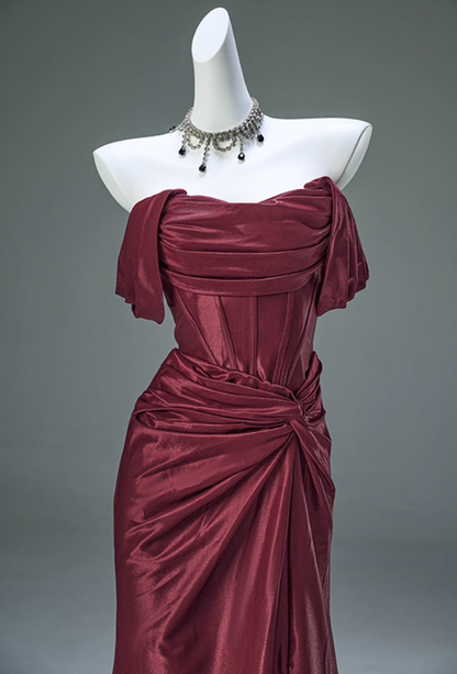 Simple Sheath Off-Shoulder Evening Gowns Glam High-Slit Ruched Red Prom Dress AP3911