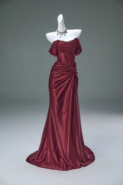 Simple Sheath Off-Shoulder Evening Gowns Glam High-Slit Ruched Red Prom Dress AP3911