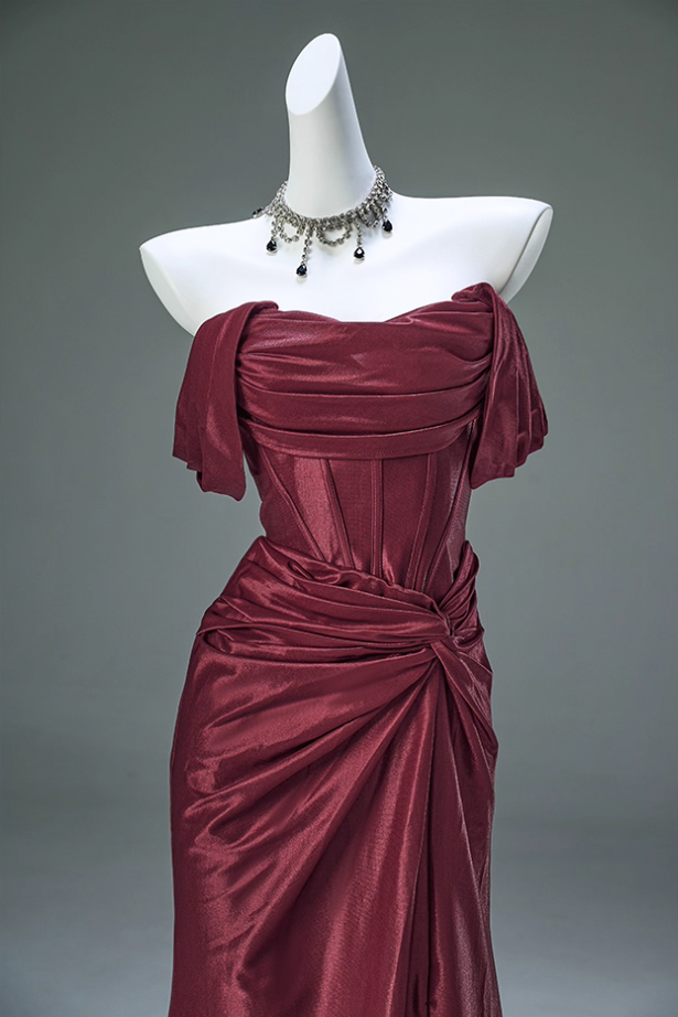 Simple Sheath Off-Shoulder Evening Gowns Glam High-Slit Ruched Red Prom Dress AP3911