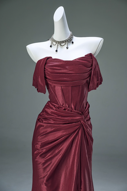 Simple Sheath Off-Shoulder Evening Gowns Glam High-Slit Ruched Red Prom Dress AP3911