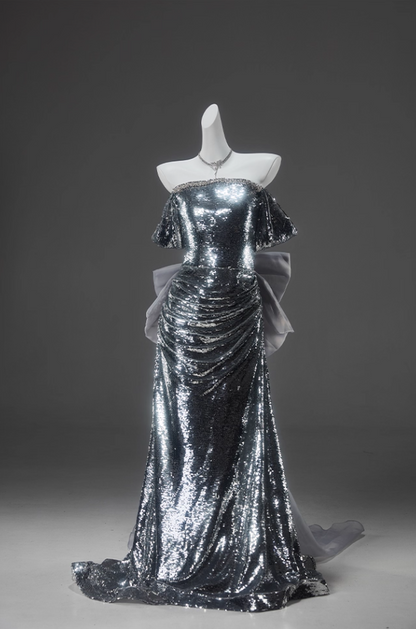 Sparkly Off-Shoulder Sheath Sweet 16 Evening Gowns Exquisite Sequins Beading Bow Tulle Prom Dress AP3912