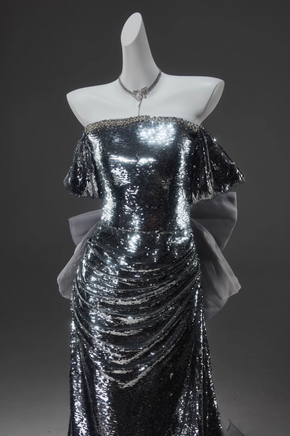 Sparkly Off-Shoulder Sheath Sweet 16 Evening Gowns Exquisite Sequins Beading Bow Tulle Prom Dress AP3912