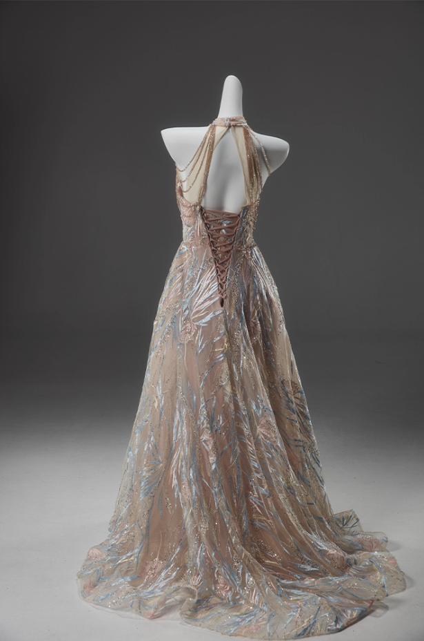 Bling Halter Neck A-Line Sweet 16 Gowns Glamorous Sequins Beading Embroidery Prom Dress AP3914