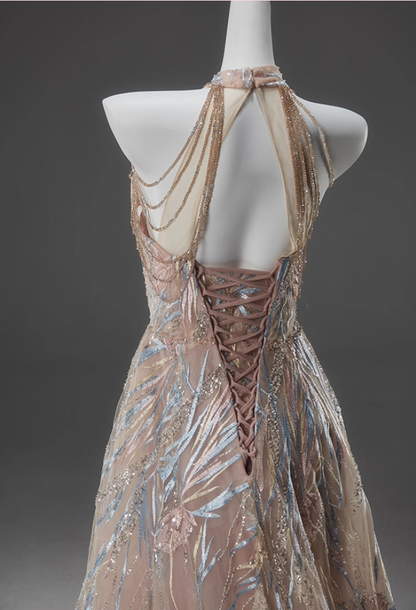 Bling Halter Neck A-Line Sweet 16 Gowns Glamorous Sequins Beading Embroidery Prom Dress AP3914