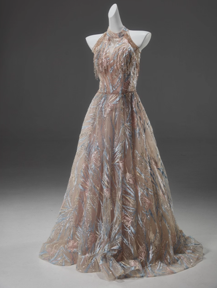 Bling Halter Neck A-Line Sweet 16 Gowns Glamorous Sequins Beading Embroidery Prom Dress AP3914