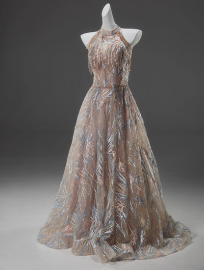 Bling Halter Neck A-Line Sweet 16 Gowns Glamorous Sequins Beading Embroidery Prom Dress AP3914