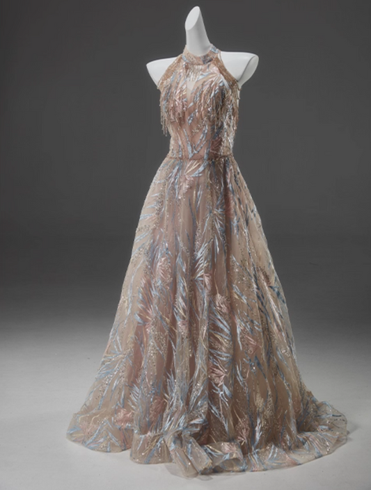 Bling Halter Neck A-Line Sweet 16 Gowns Glamorous Sequins Beading Embroidery Prom Dress AP3914