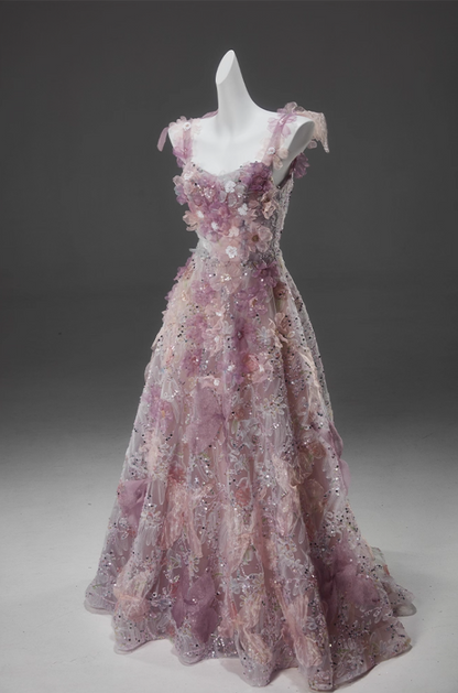 Stylish A-Line Spaghetti Strap Evening Dresses Sweet 3D Appliques Sequins Prom Dress AP3915