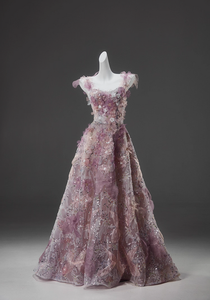 Stylish A-Line Spaghetti Strap Evening Dresses Sweet 3D Appliques Sequins Prom Dress AP3915