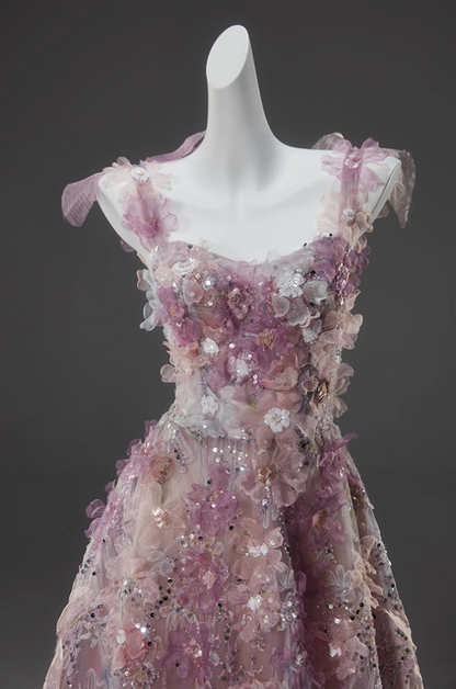 Stylish A-Line Spaghetti Strap Evening Dresses Sweet 3D Appliques Sequins Prom Dress AP3915