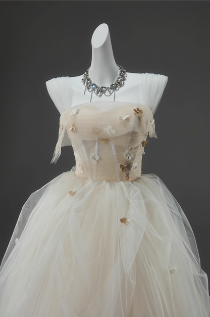 Fitted A-Line Spaghetti Strap Evening Dresses Adorable Appliques Beads Tulle Prom Dress AP3916