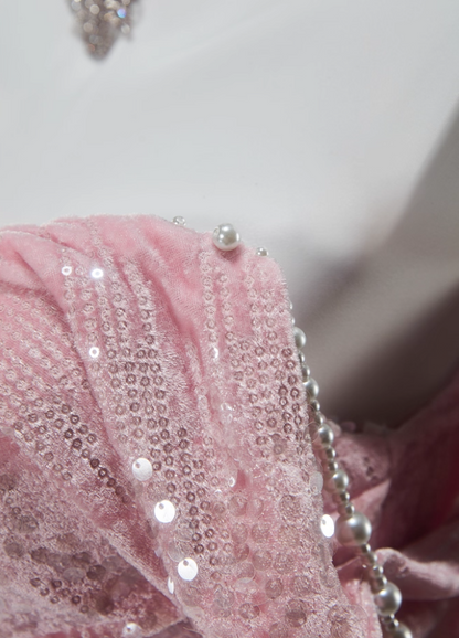 Flattering Off-Shoulder Sheath Velvet Birthday Dress Pink Sequins Beads Ruffles Tulle Homecoming Dress AP3917