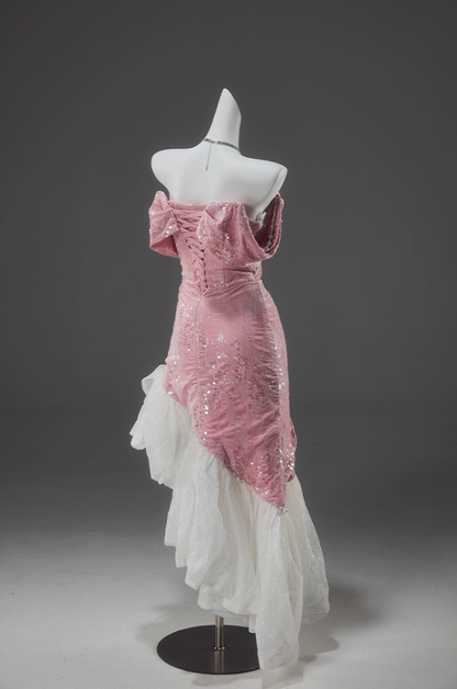 Flattering Off-Shoulder Sheath Velvet Birthday Dress Pink Sequins Beads Ruffles Tulle Homecoming Dress AP3917