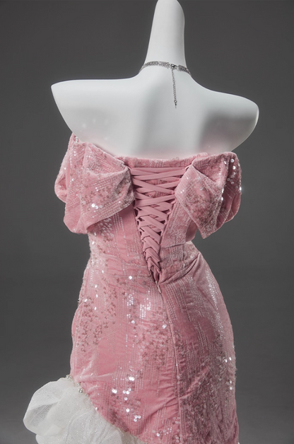 Flattering Off-Shoulder Sheath Velvet Birthday Dress Pink Sequins Beads Ruffles Tulle Homecoming Dress AP3917