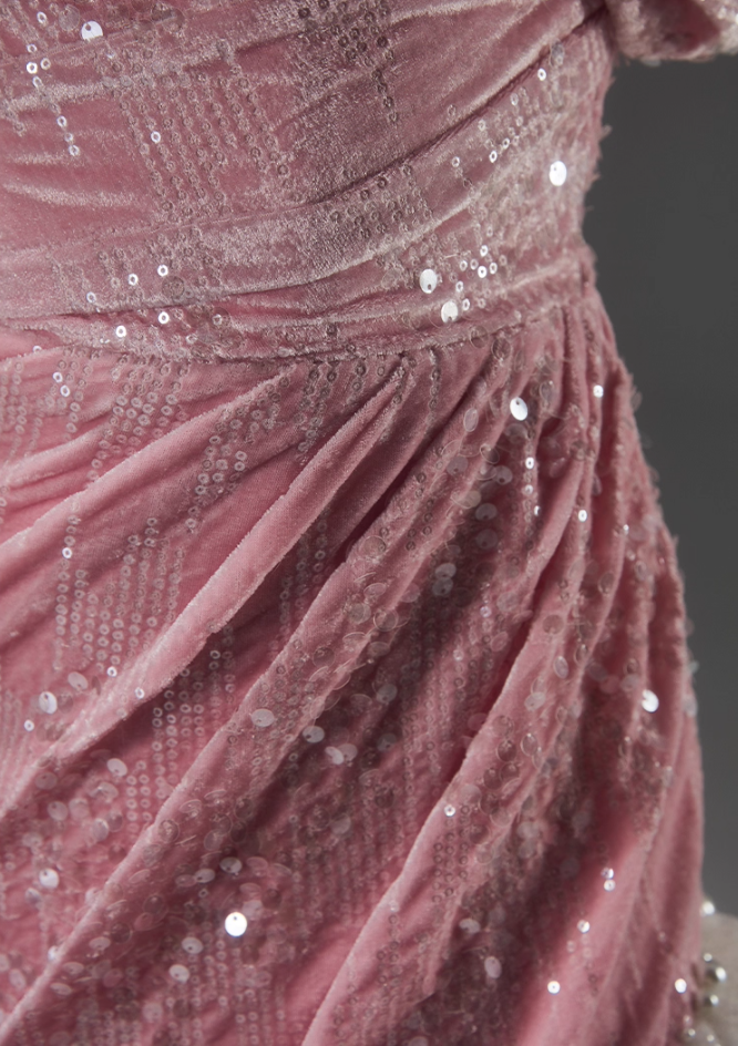 Flattering Off-Shoulder Sheath Velvet Birthday Dress Pink Sequins Beads Ruffles Tulle Homecoming Dress AP3917