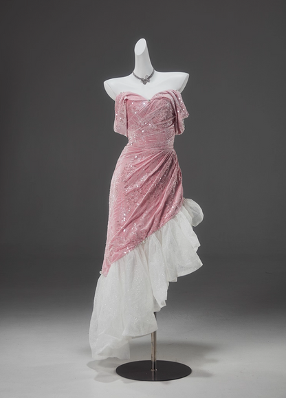 Flattering Off-Shoulder Sheath Velvet Birthday Dress Pink Sequins Beads Ruffles Tulle Homecoming Dress AP3917