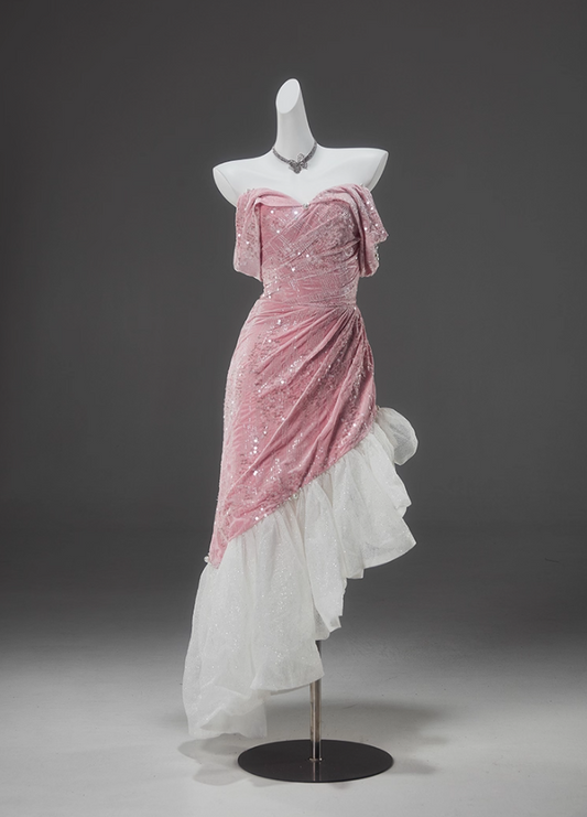 Flattering Off-Shoulder Sheath Velvet Birthday Dress Pink Sequins Beads Ruffles Tulle Homecoming Dress AP3917