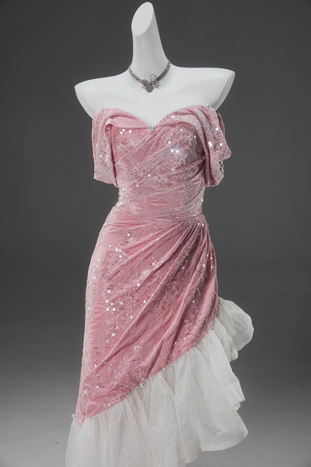 Flattering Off-Shoulder Sheath Velvet Birthday Dress Pink Sequins Beads Ruffles Tulle Homecoming Dress AP3917