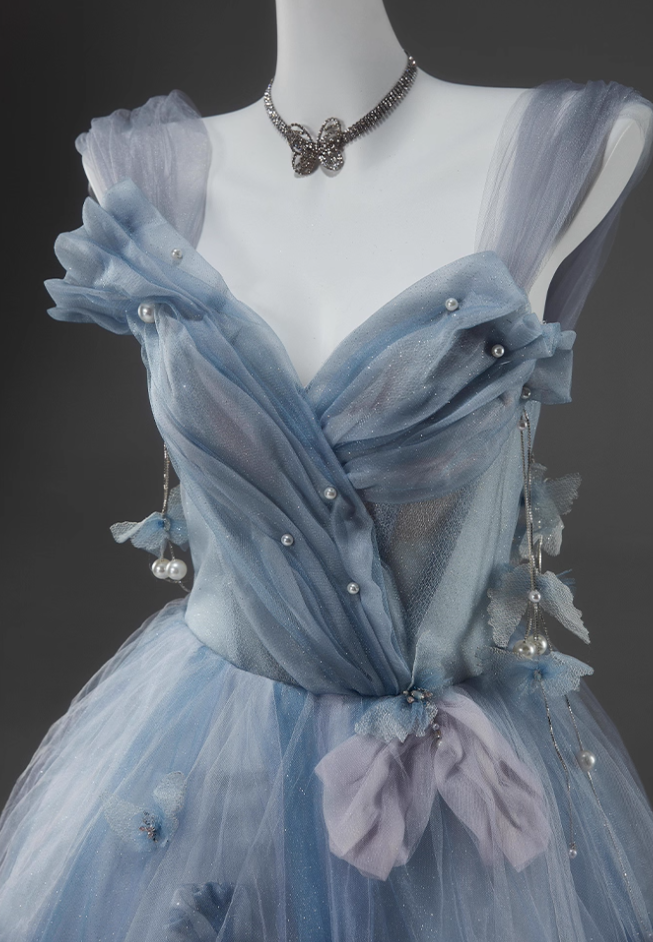 Trendy A-Line Spaghetti Strap Evening Dresses Ethereal Sequins Handmade Flowers Beads Tulle Prom Dress AP3918