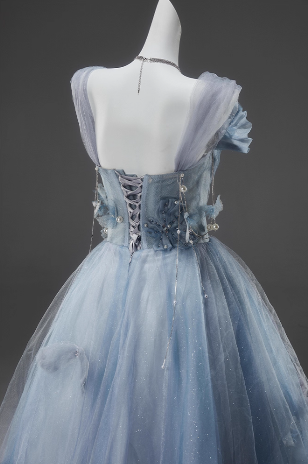 Trendy A-Line Spaghetti Strap Evening Dresses Ethereal Sequins Handmade Flowers Beads Tulle Prom Dress AP3918