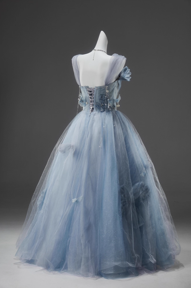 Trendy A-Line Spaghetti Strap Evening Dresses Ethereal Sequins Handmade Flowers Beads Tulle Prom Dress AP3918