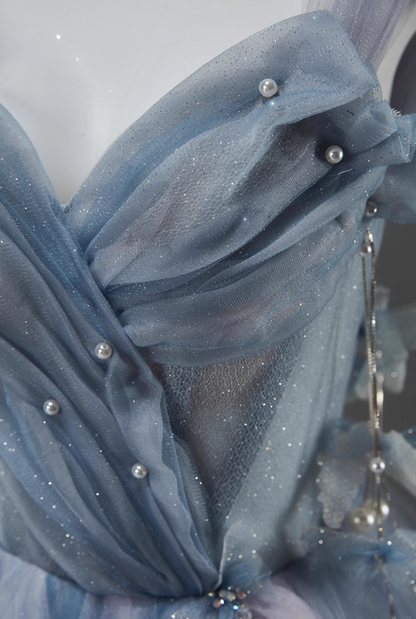 Trendy A-Line Spaghetti Strap Evening Dresses Ethereal Sequins Handmade Flowers Beads Tulle Prom Dress AP3918