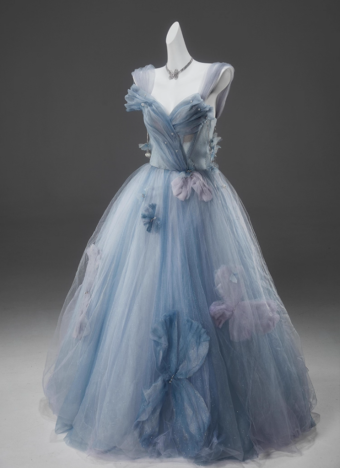 Trendy A-Line Spaghetti Strap Evening Dresses Ethereal Sequins Handmade Flowers Beads Tulle Prom Dress AP3918