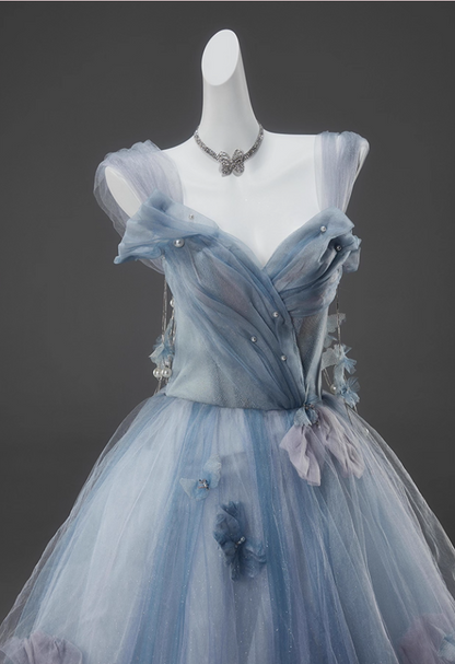 Trendy A-Line Spaghetti Strap Evening Dresses Ethereal Sequins Handmade Flowers Beads Tulle Prom Dress AP3918