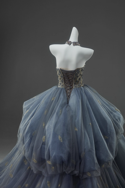 Attractive A-Line Strapless Sweet 16th Dresses Stylish Beading Rhinestones Sequins Tiered Tulle Prom Dress AP3919