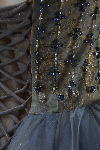 Attractive A-Line Strapless Sweet 16th Dresses Stylish Beading Rhinestones Sequins Tiered Tulle Prom Dress AP3919