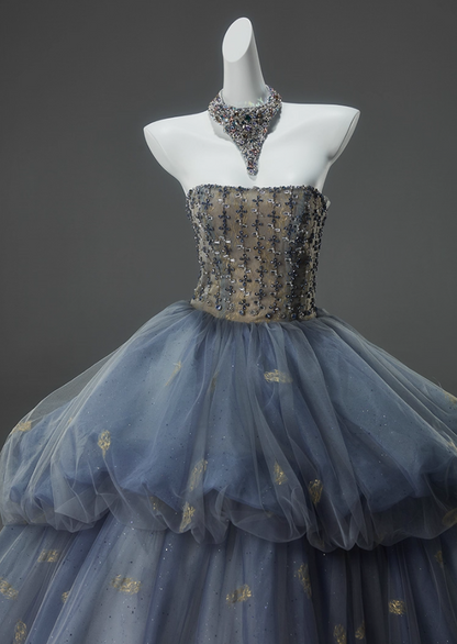 Attractive A-Line Strapless Sweet 16th Dresses Stylish Beading Rhinestones Sequins Tiered Tulle Prom Dress AP3919