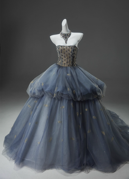 Attractive A-Line Strapless Sweet 16th Dresses Stylish Beading Rhinestones Sequins Tiered Tulle Prom Dress AP3919