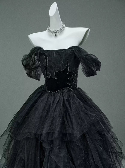 Vogue Off-Shoulder A-Line Sweet 16th Gowns Gothic-Style Sequins Black Tulle Prom Dress AP3921