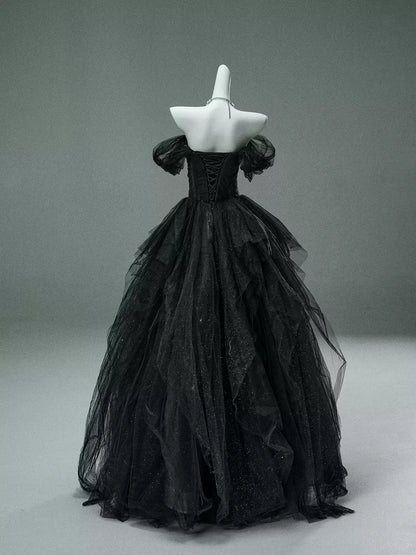 Vogue Off-Shoulder A-Line Sweet 16th Gowns Gothic-Style Sequins Black Tulle Prom Dress AP3921