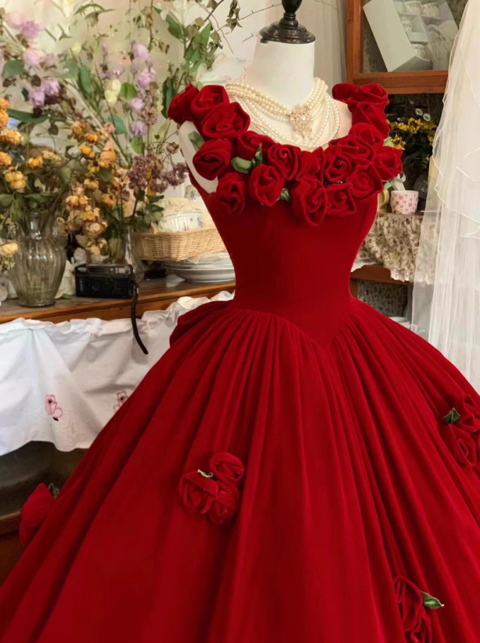 Modern A-Line Spaghetti Strap Evening Dresses Charming Handmade Flowers Bow Red Prom Dress AP3923