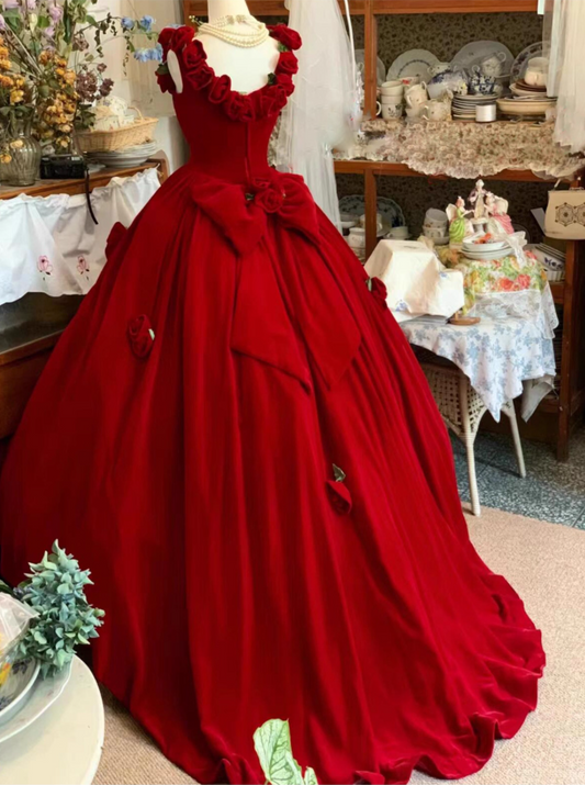 Modern A-Line Spaghetti Strap Evening Dresses Charming Handmade Flowers Bow Red Prom Dress AP3923