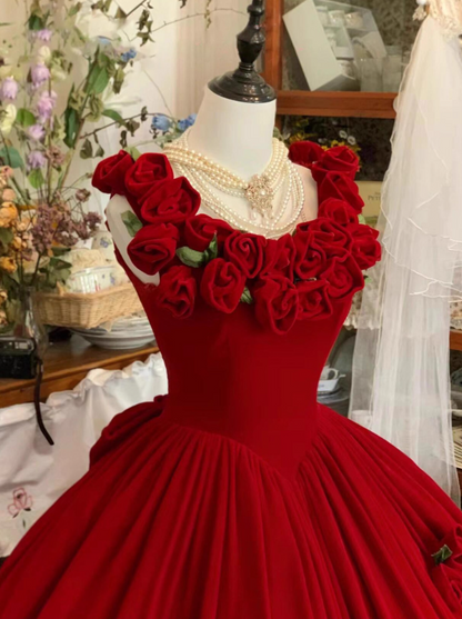 Modern A-Line Spaghetti Strap Evening Dresses Charming Handmade Flowers Bow Red Prom Dress AP3923