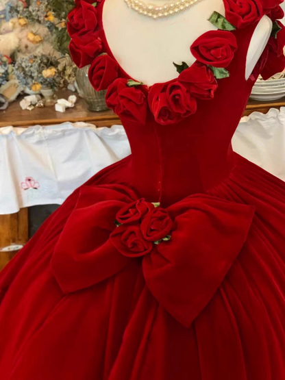 Modern A-Line Spaghetti Strap Evening Dresses Charming Handmade Flowers Bow Red Prom Dress AP3923