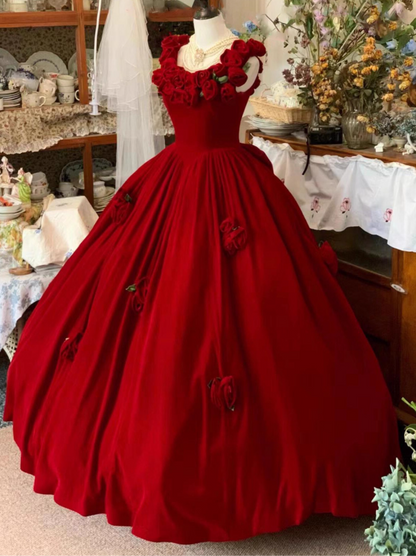 Modern A-Line Spaghetti Strap Evening Dresses Charming Handmade Flowers Bow Red Prom Dress AP3923