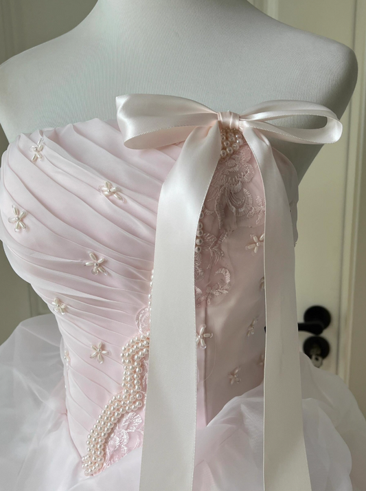 Princess A-Line Strapless Sweet 16th Dresses Sweet Beading Embroidery Bow Tiered Tulle Prom Dress AP3924