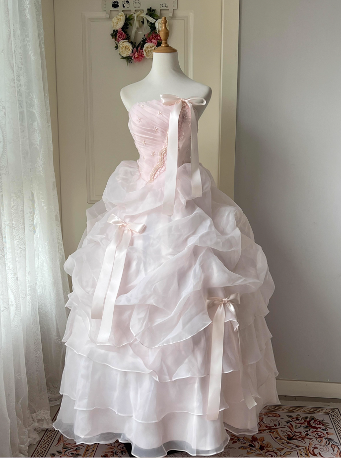 Princess A-Line Strapless Sweet 16th Dresses Sweet Beading Embroidery Bow Tiered Tulle Prom Dress AP3924