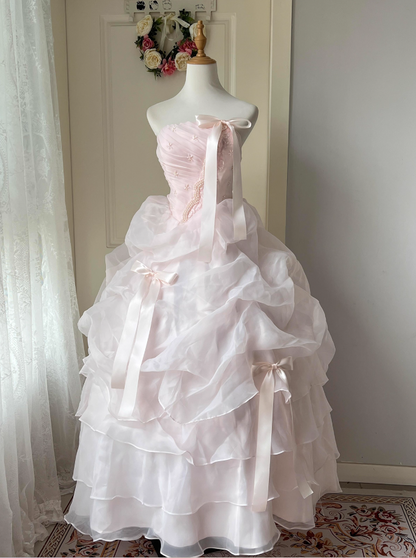 Princess A-Line Strapless Sweet 16th Dresses Sweet Beading Embroidery Bow Tiered Tulle Prom Dress AP3924