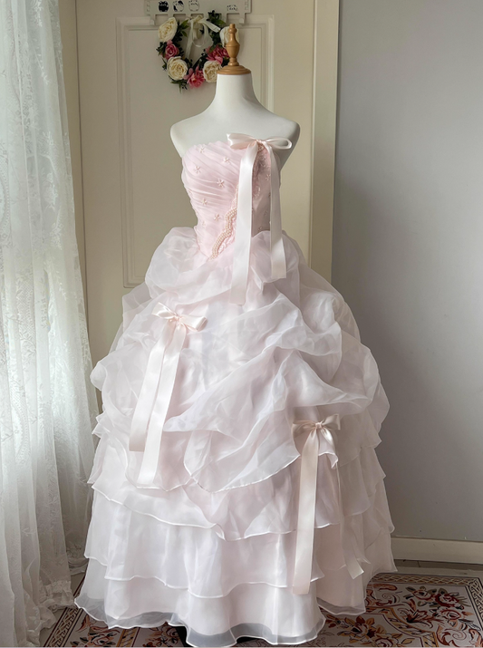 Princess A-Line Strapless Sweet 16th Dresses Sweet Beading Embroidery Bow Tiered Tulle Prom Dress AP3924