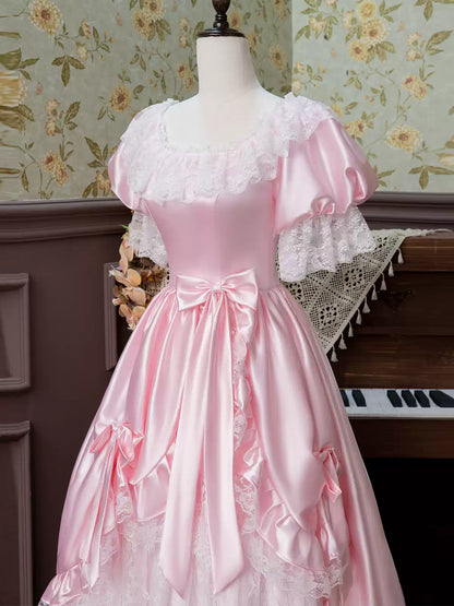 Pretty A-Line Square Neck Formal Dresses Lovely Lace Bows Short Sleeve Prom Dress AP3925