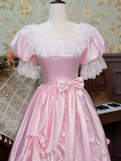 Pretty A-Line Square Neck Formal Dresses Lovely Lace Bows Short Sleeve Prom Dress AP3925