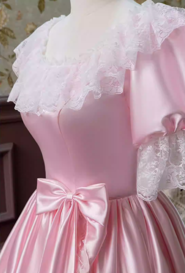 Pretty A-Line Square Neck Formal Dresses Lovely Lace Bows Short Sleeve Prom Dress AP3925