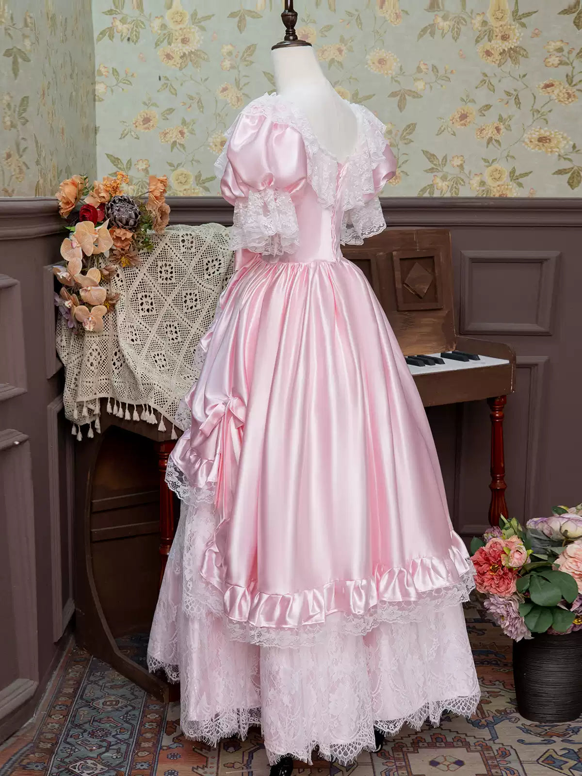 Pretty A-Line Square Neck Formal Dresses Lovely Lace Bows Short Sleeve Prom Dress AP3925